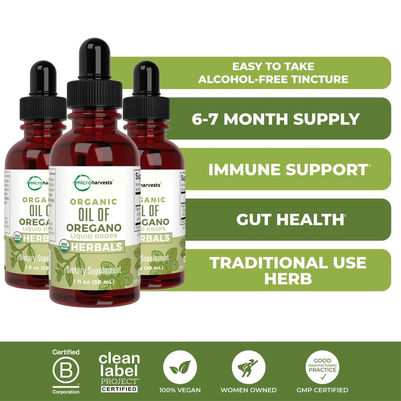 Organic Oil of Oregano Liquid Drops - Immune Support - Herbal Tincture - Gut Health - Overall Health - 200 Servings - Vegan - (3 Pack)